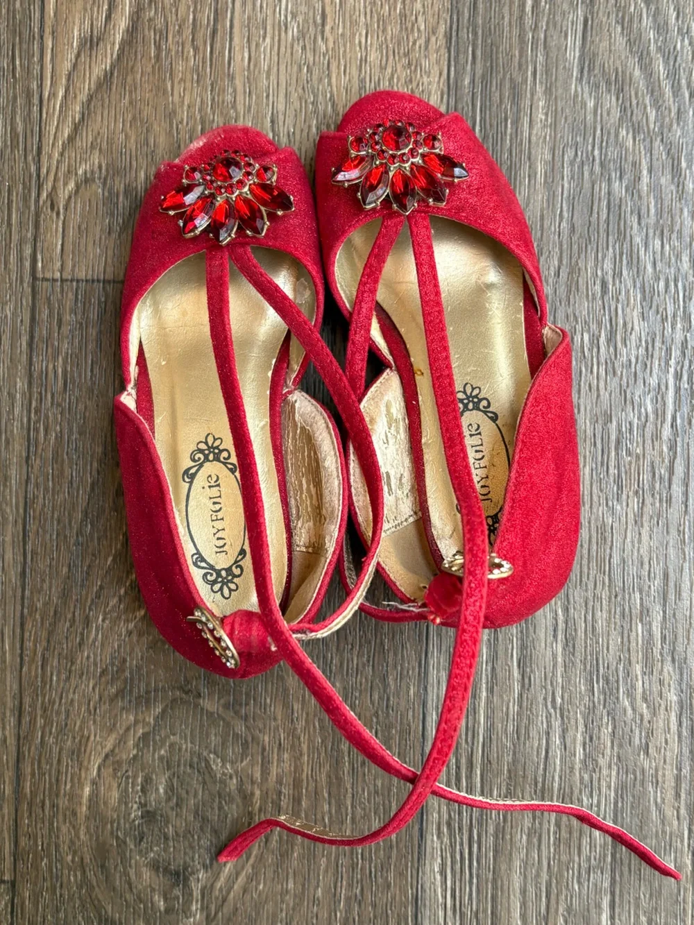 Joyfolie Red Jeweled T-Strap Peep-Toe Heels